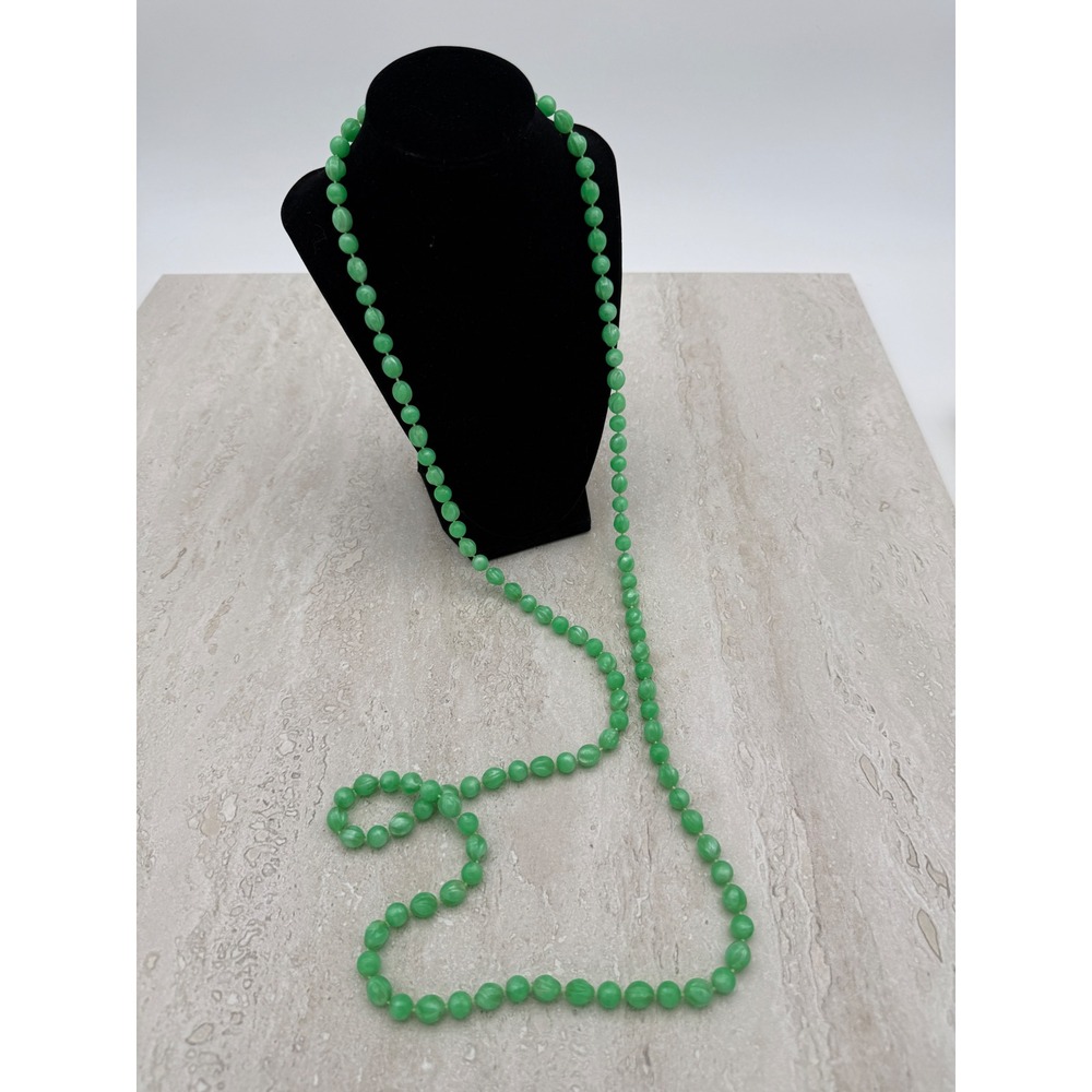 Vintage Long Green Marbled Bead Necklace Gold Tone Filigree Clasp 46 Inch